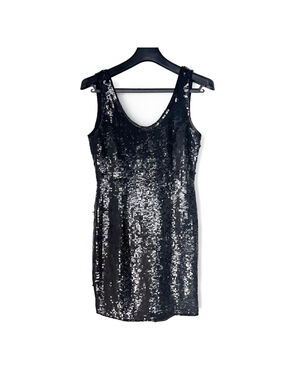 VTG Laurence Kazar NY 100% Silk Mini Cocktail Dress Black Sequin Women's Sz L